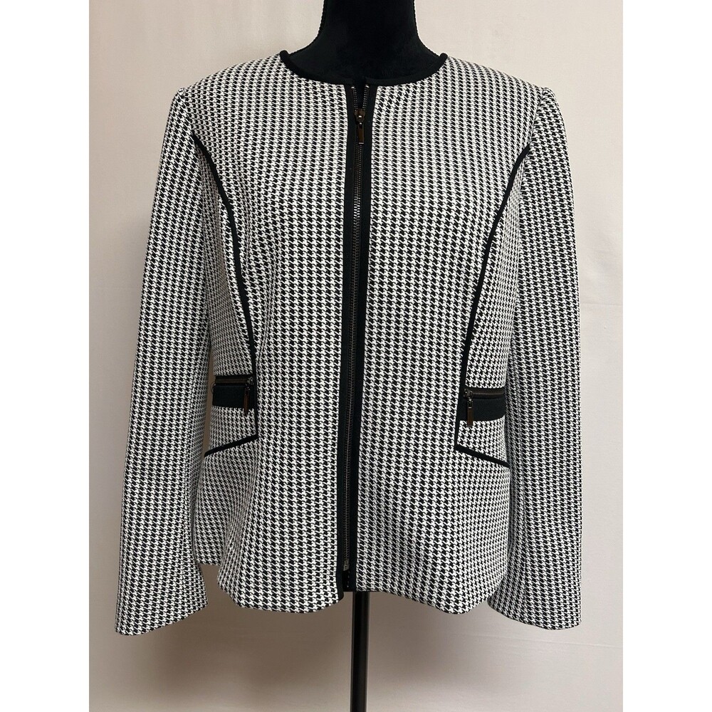 Kasper Womens Sz 12 Blazer Houndstooth Black White Long Sleeve Zipper Career